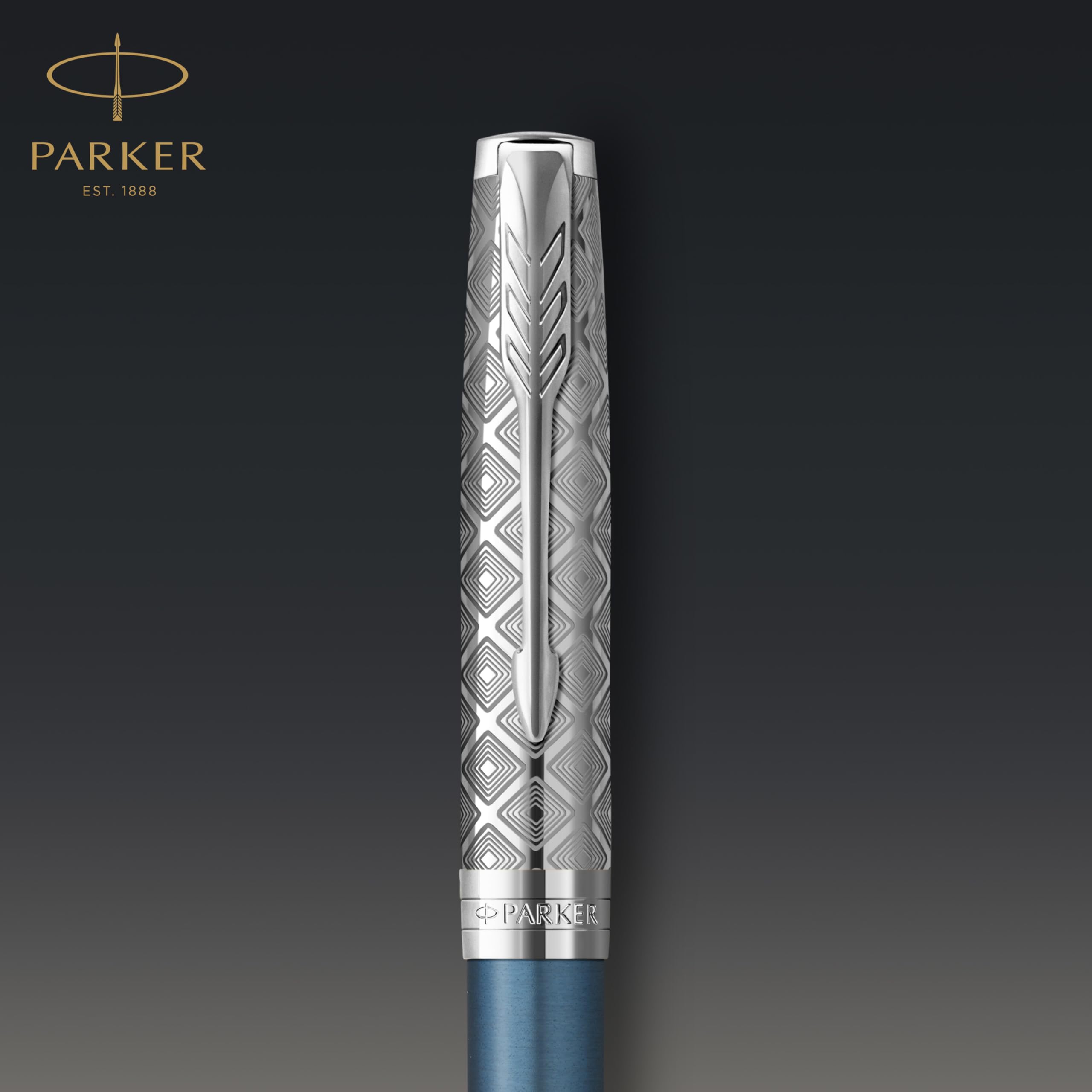 Parker Sonnet Stylo Bille | Premium métal et bleu satiné avec finition chrome | Pointe moyenne avec recharge d'encre noire | Coffret cadeau