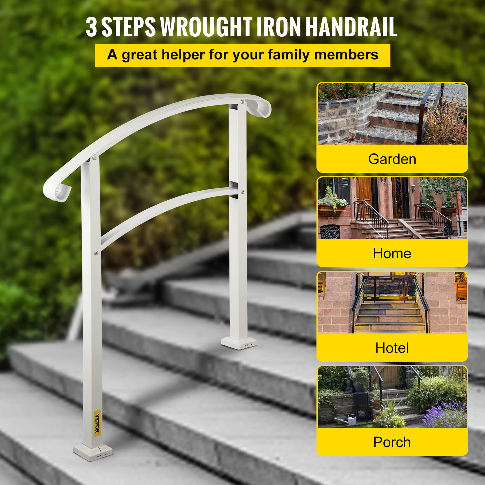 VEVOR Rampe d'Escalier pour 3 Marches Extérieures Main Courante Escalier en Fer Forgé Hauteur Maximale des Marches 52,5 cm Rampe Extérieur pour Porche, Marches en Béton, Brique, Jardin, Hôtel, Blanc