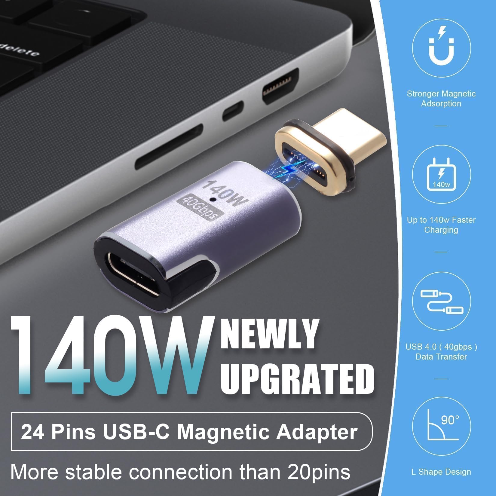 USB C Magnetyczny Adapter - 140 W Złącze Magnetyczne USB-C 40 Gb/s Transfer Danych Do Przełącznika Laptopa Tabletu Telefonu