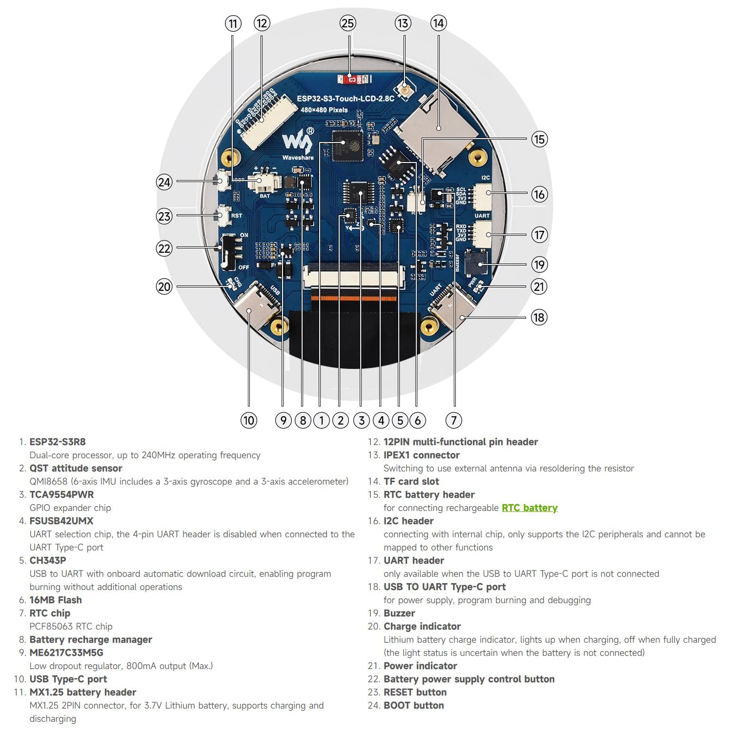 Waveshare ESP32-S3 2.8inch Capacitive Touch Round Display Development Board 480480 32-bit LX7 Dual-core Processor Supports WiFi & Bluetooth ESP32 with Display product thumbnail 8