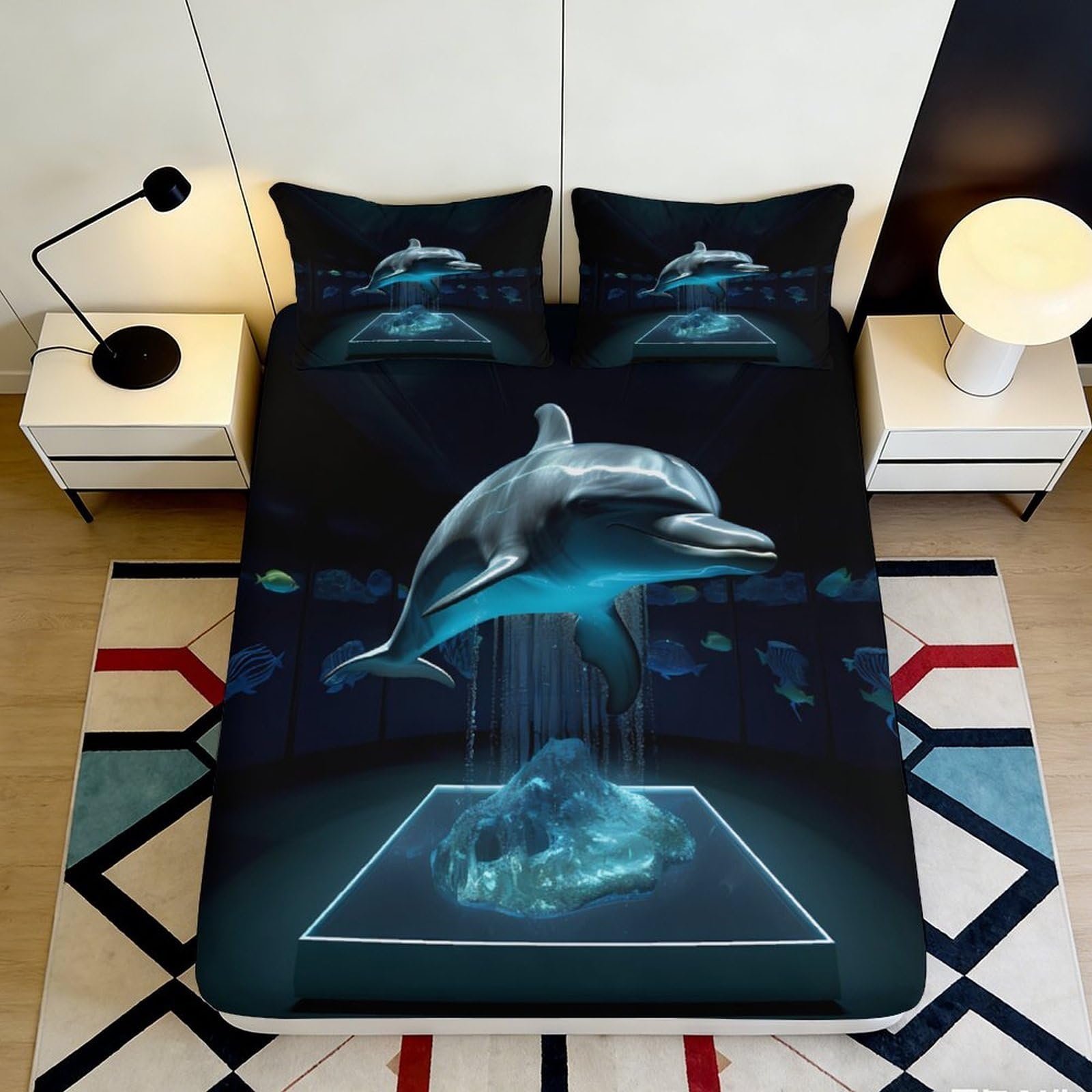 3D Printed Dolphin Ocean Fitted Sheet Microfiber Soft Breathable Underwater Mattress Cover for Bedroom Dorm Décor 90x200x25cm