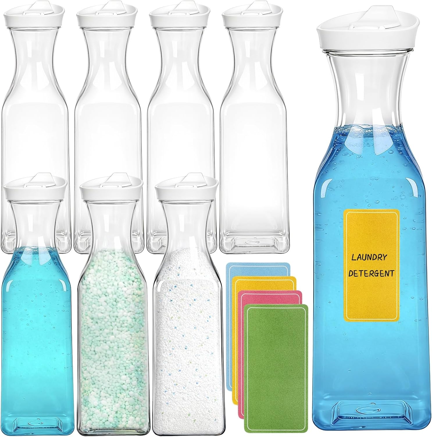 Goaste 8 Pack Laundry Detergent Dispenser, 54oz Laundry Soap Dispenser Bottle with Waterproof Label, Liquid Laundry Detergent Container, Plastic Fabric Softener Organizer for Bleach Powder Beads