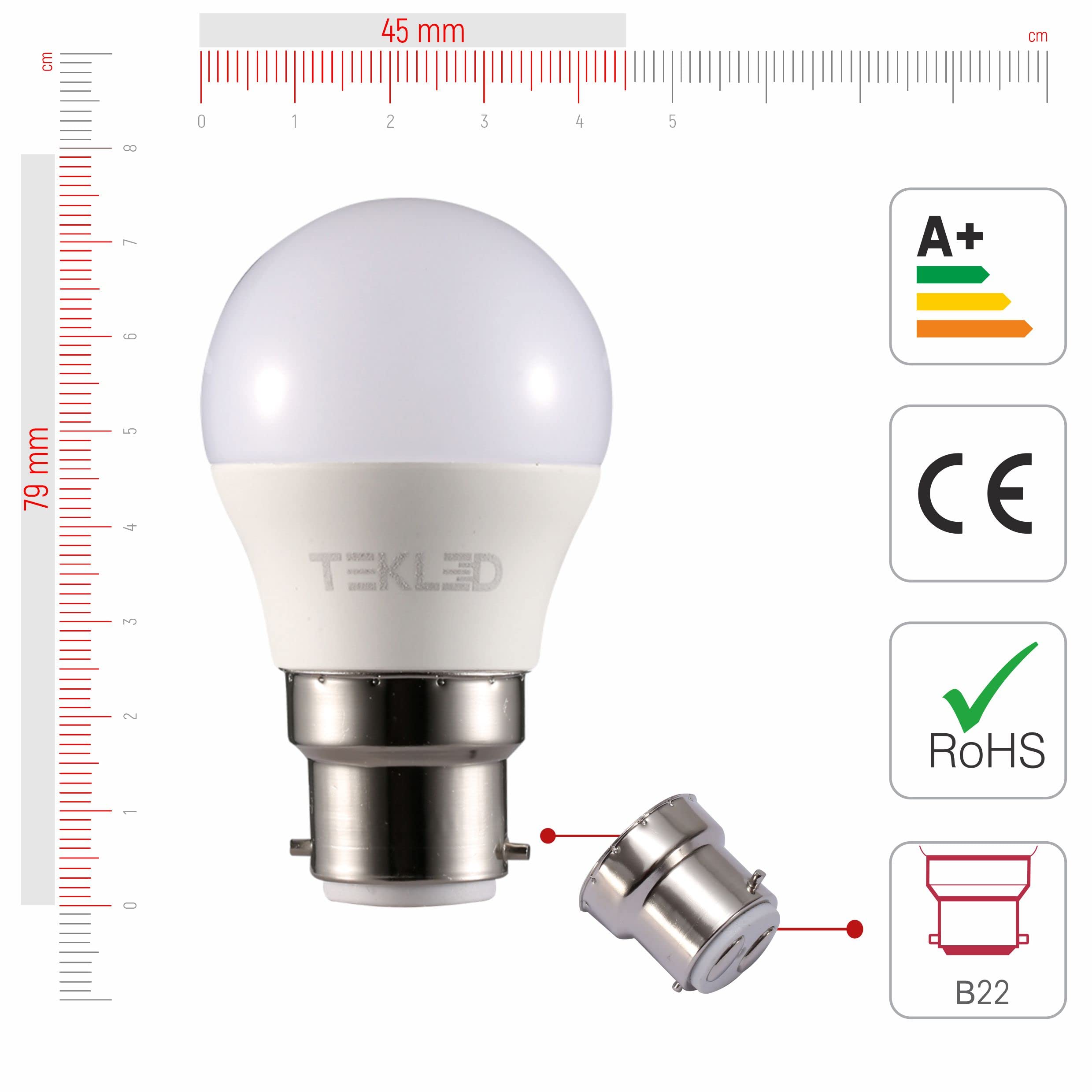 TEKLED G45 Golf Ball LED Bulbs | B22 Bayonet Cap | Energy Saving 5W Light Bulb 40W Incandescent Bulb Equivalent | 6500K 400LM NONDIMMABLE | 6-Pack | Daylight - Image 2