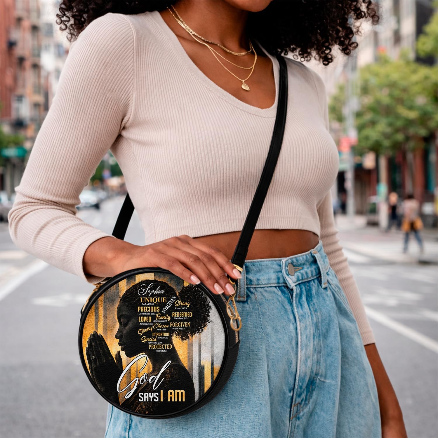 Personalized African Women Circle Crossbody Bag, African Purse, Black Women Leather Round Bag, Afrocentric Gifts - Image 3