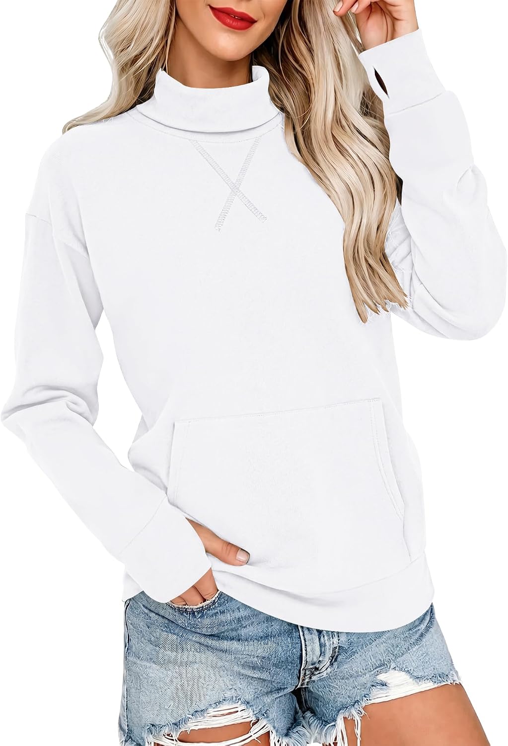AUSELILY Turtleneck Tops for Women Long Sleeve Sweatshirt with Pockets | Mock Turtleneck Long Sleeve Shirts with Thumb Hole Pullover, 2026 Fall Winter Plain Thermal Sweatshirt Hoodless with Pockets