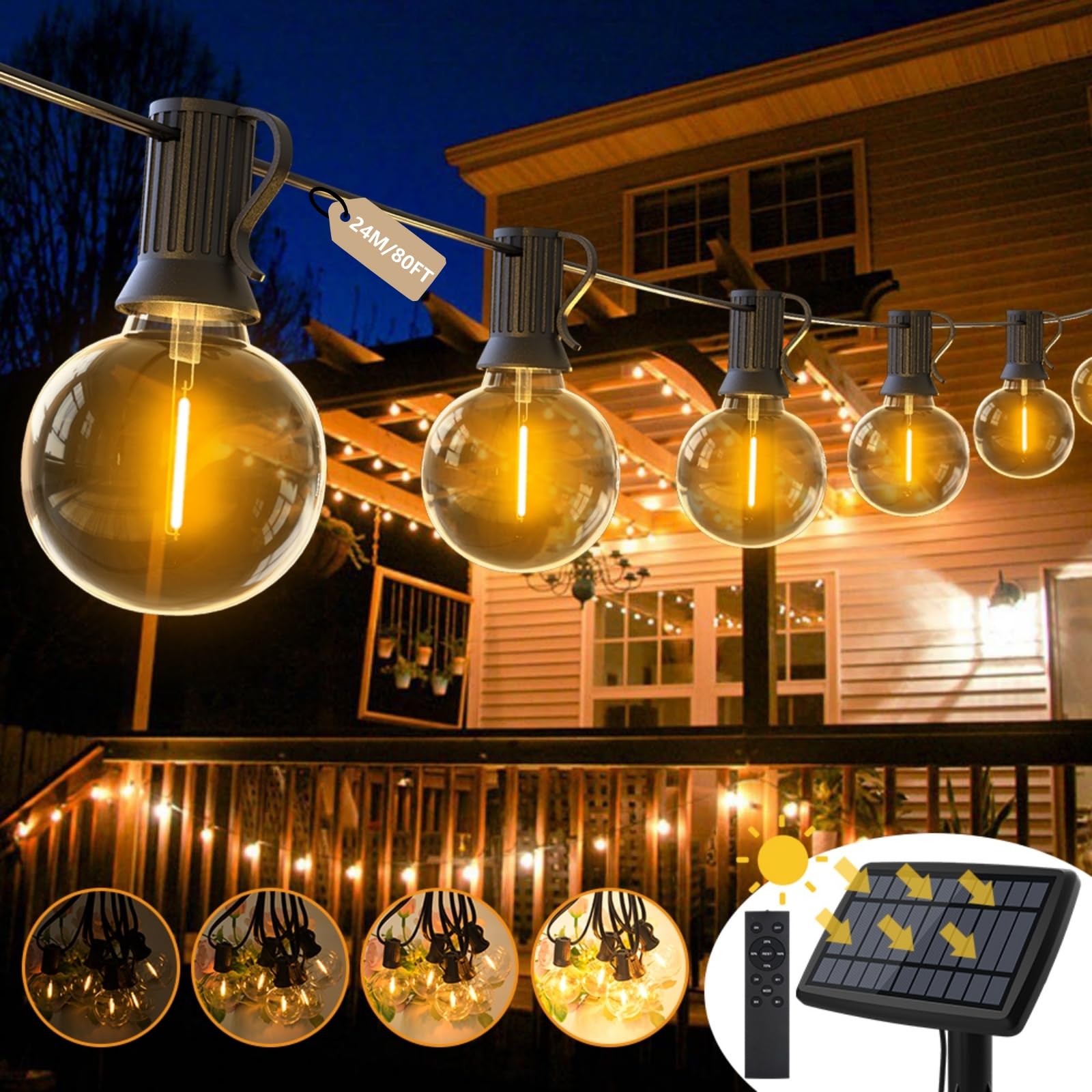 AVANLO Lichterkette Außen Solar, 80FT/24M Solarlichterkette Outdoor | 3 Modi, 30+2 Glühbirnen Warmweiß, IP44 Wasserdicht Solar String Lights für Garten, Balkon, Hochzeiten, Party