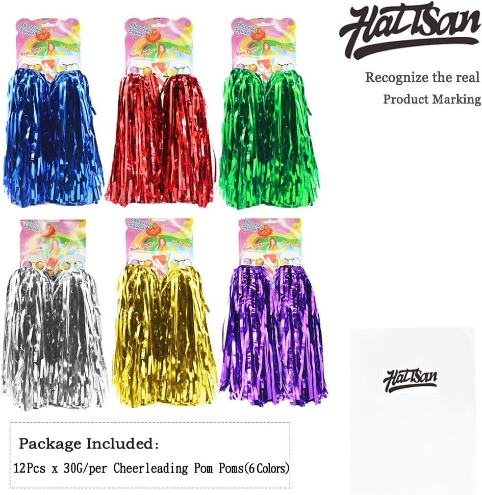 hatisan 12 Pack Cheerleading Pom Poms, Cheerleader Pompoms Metallic Foil Pom Poms for Sports Team Spirit Cheering Party Dance Useful Accessories (6 Colors) : Sports & Outdoors