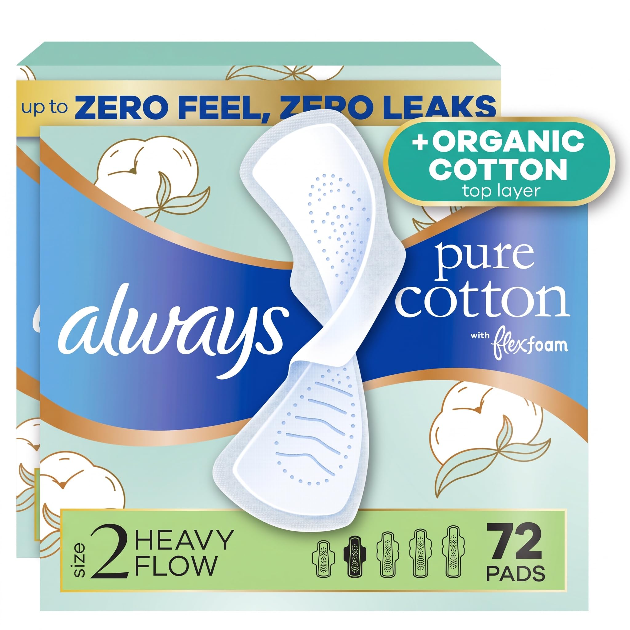 Always Pure Cotton Feminine Pads for Women, FlexFoam Pads with Wings, Size 2, Heavy Absorbency, Unscented, 72 Count (Pack of 2)