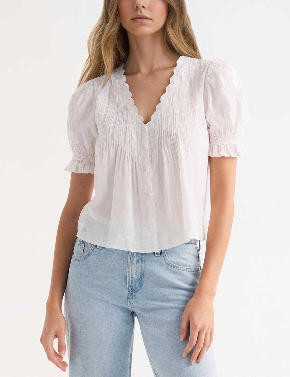 MISSACTIVER Women’s Scalloped Hem See Through Blouse Shirt Button Down Puff Sleeve V-Neck Embroidered Ruched Flowy Tops
