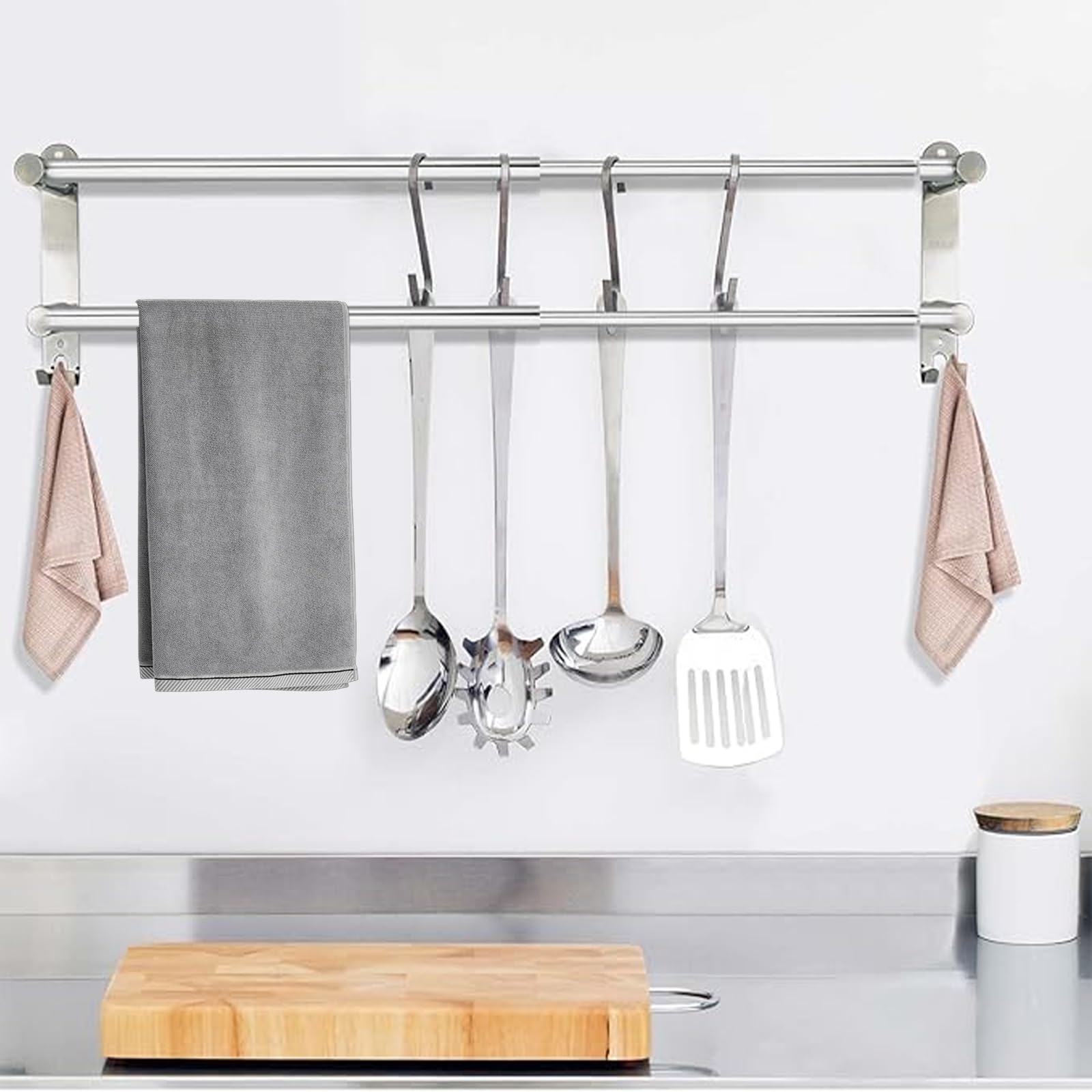 Porte-Serviettes Mural Adhésif avec 2 Crochets 40-75cm Double Bars | Porte Serviette Salle de Bain, Porte-Serviettes Acier Inoxydable 304 Adhésif pour Salle de Bain, Cuisine