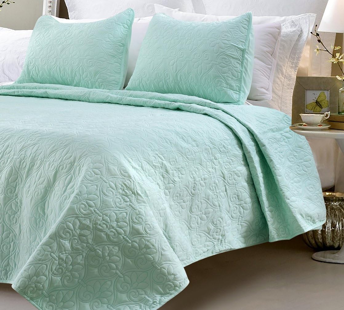 Web Linens Inc Oversized - 3 Piece 100% Cotton Quilted Coverlet Set - Sage - King/California King 104 x 96 Inches Wrinkle/Fade Resistant Light Weight Luxurious All Season Super Soft Machine Washable
