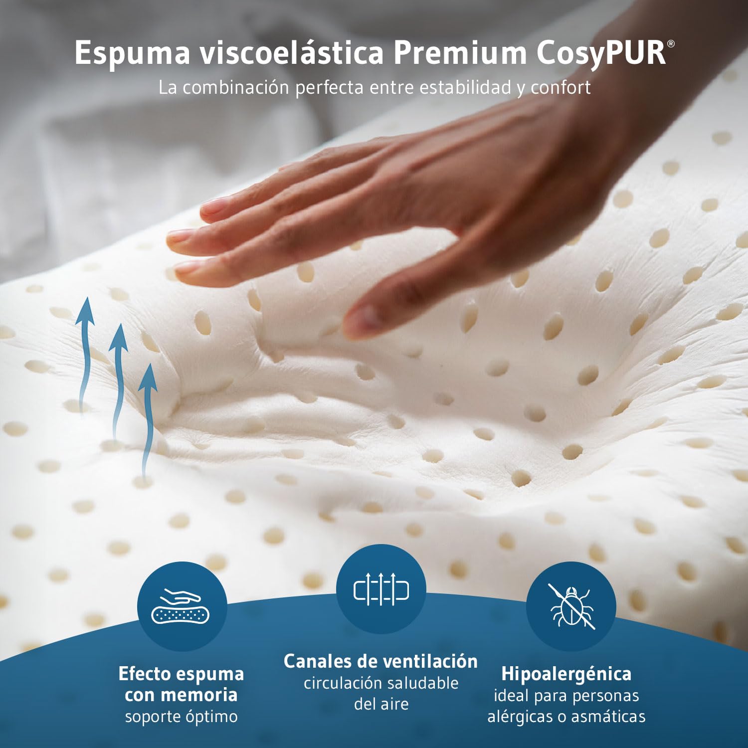 Almohada ergonómica ACAMAR Quickdry para dormir de lado, almohada cervical | Espuma viscoelástica, funda de secado rápido, cojín ortopédico, almohada mariposa, 55x47x12 cm