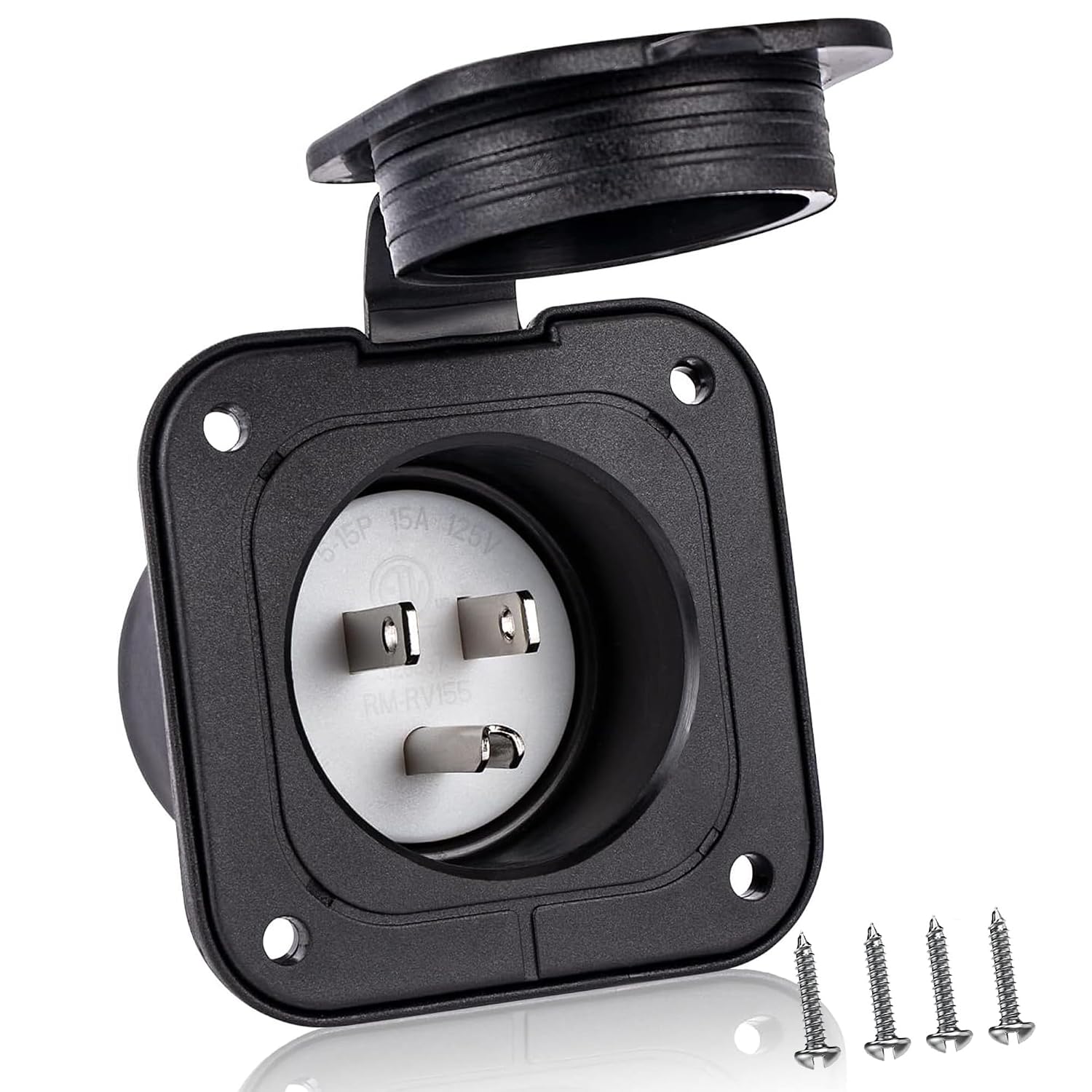 15 Amp RV Electrical Outlet 125V, NEMA 5-15P Shore Power Inlet Plug ETL Certified, 2 Pole 3-Wire Straight Blade with Waterproof Cover, RV Plugs, Inlets & Receptacles