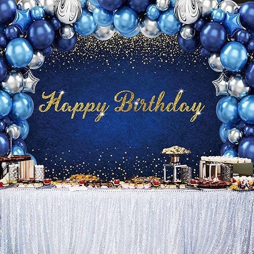 Miniatura 5 de Telón de fondo de cumpleaños azul oscuro de 7 x 5 pies, telón de fondo de cumpleaños azul marino y dorado, fondo de fotografía azul oscuro con