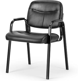 Simple Deluxe PU Leather Guest Chair with Padded Arms - Sturdy Stationary Office Chair for Reception, Conference, Home Office, Seniors - Black