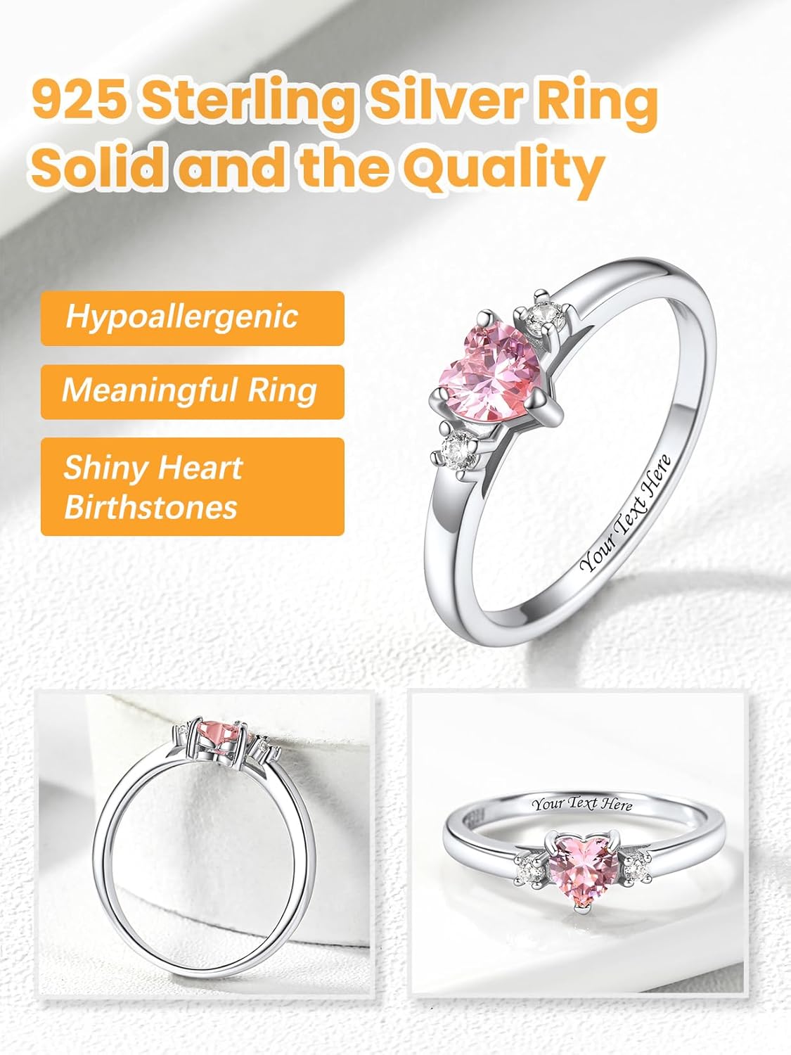 Bestyle Personalized 1-4 Heart Birthstone Rings for Women - Sterling Silver Custom Engraved Promise Rings, Birthstone Mothers Ring Gift for Mom, Wife (Wedding, Valentines, Mothers Day)
