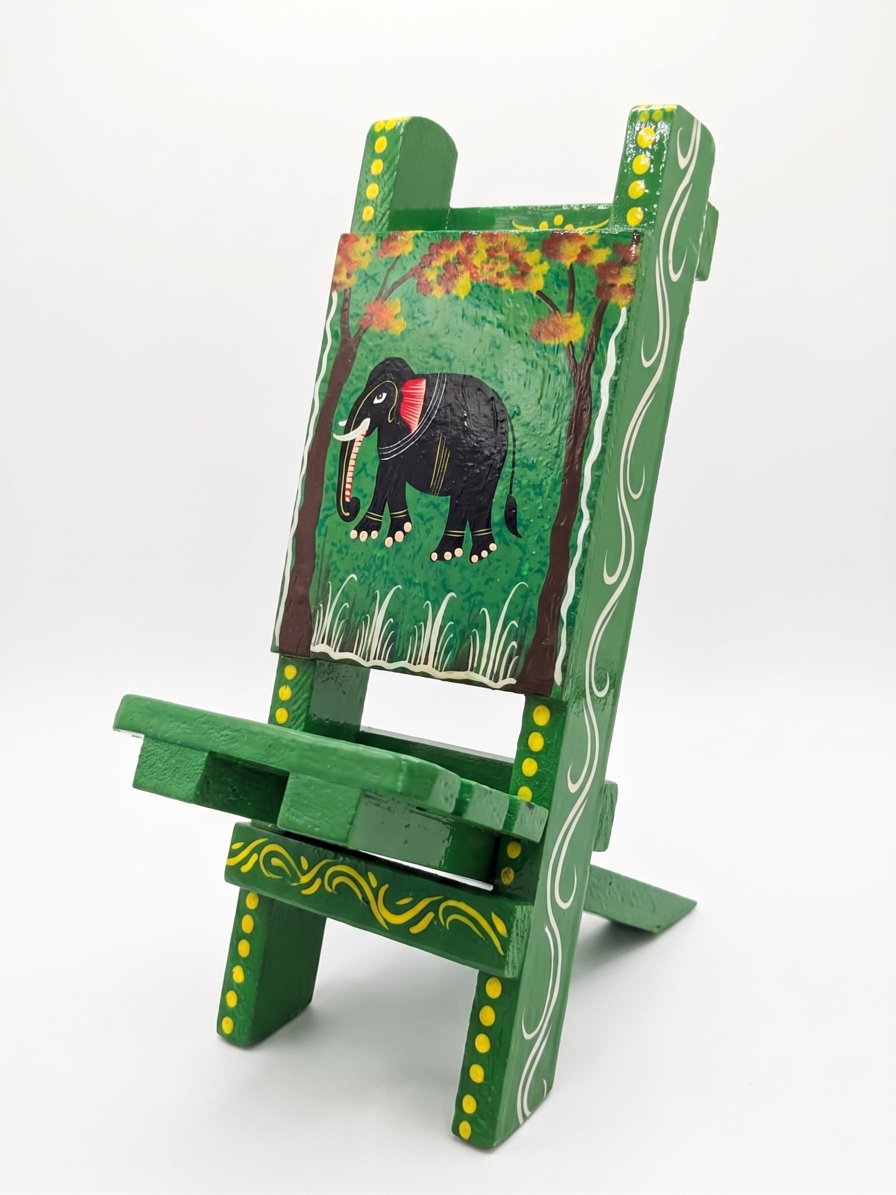 Handcrafted Wooden Mobile Stand for Desk – Traditional Varanasi Lacquer Art FLORA Design Phone Holder | Foldable Wooden Phone Stand for Video Calls, Study Table, Office Desk & Home Décor (GREEN)-image-8