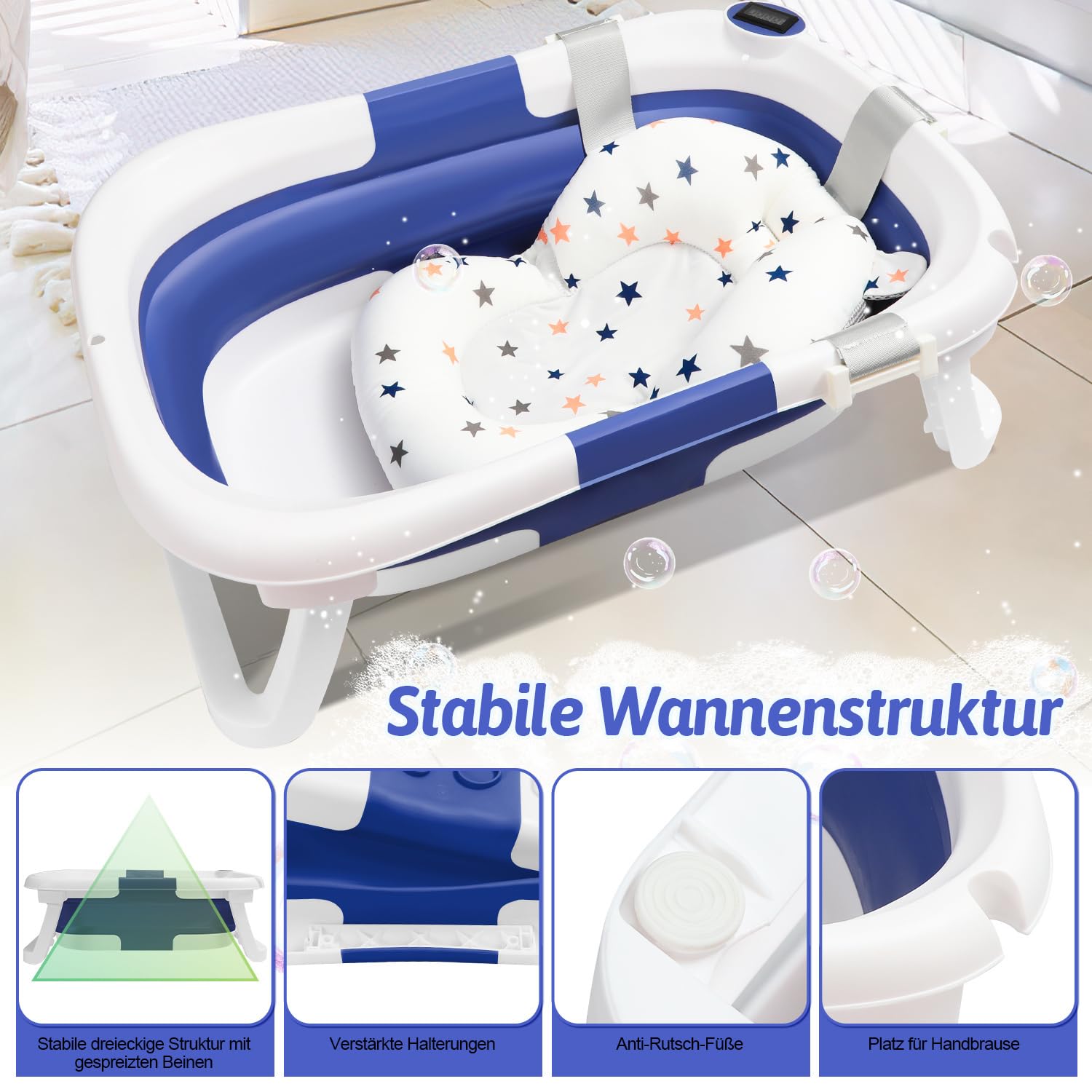 Daromigo Bañera plegable para bebé, con termómetro, con cojín suave, soporte antideslizante, ahorra espacio, para recién nacidos, color azul