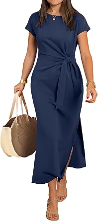 ANRABESS Womens Summer Maxi Dress Casual Crew Neck Tie Waist Split Wrinkle-Free Fit Long Fashion Vacation Dresses 2026 Spring