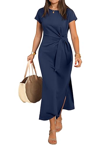 Womens Summer Maxi Dress Casual Crew Neck Tie Waist Split