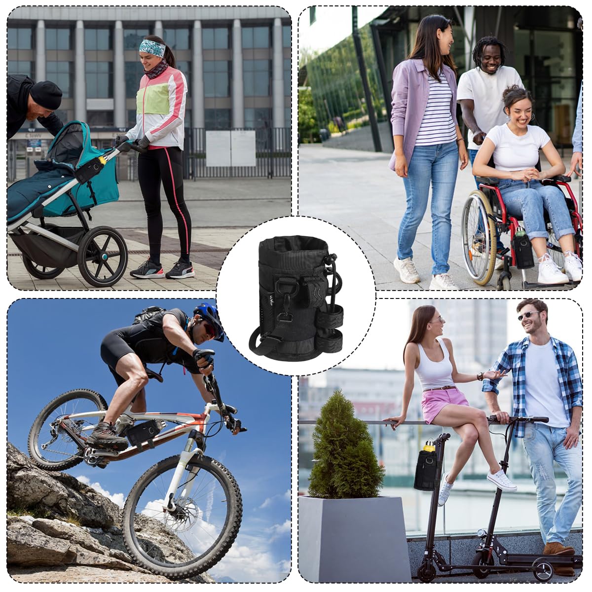 Portaborraccia bici, portabottiglie per bicicletta con tasca in rete chiusura a coulisse, porta borraccia tracolla senza viti,adatto per mountain bike, bici da città, moto, carrozzine