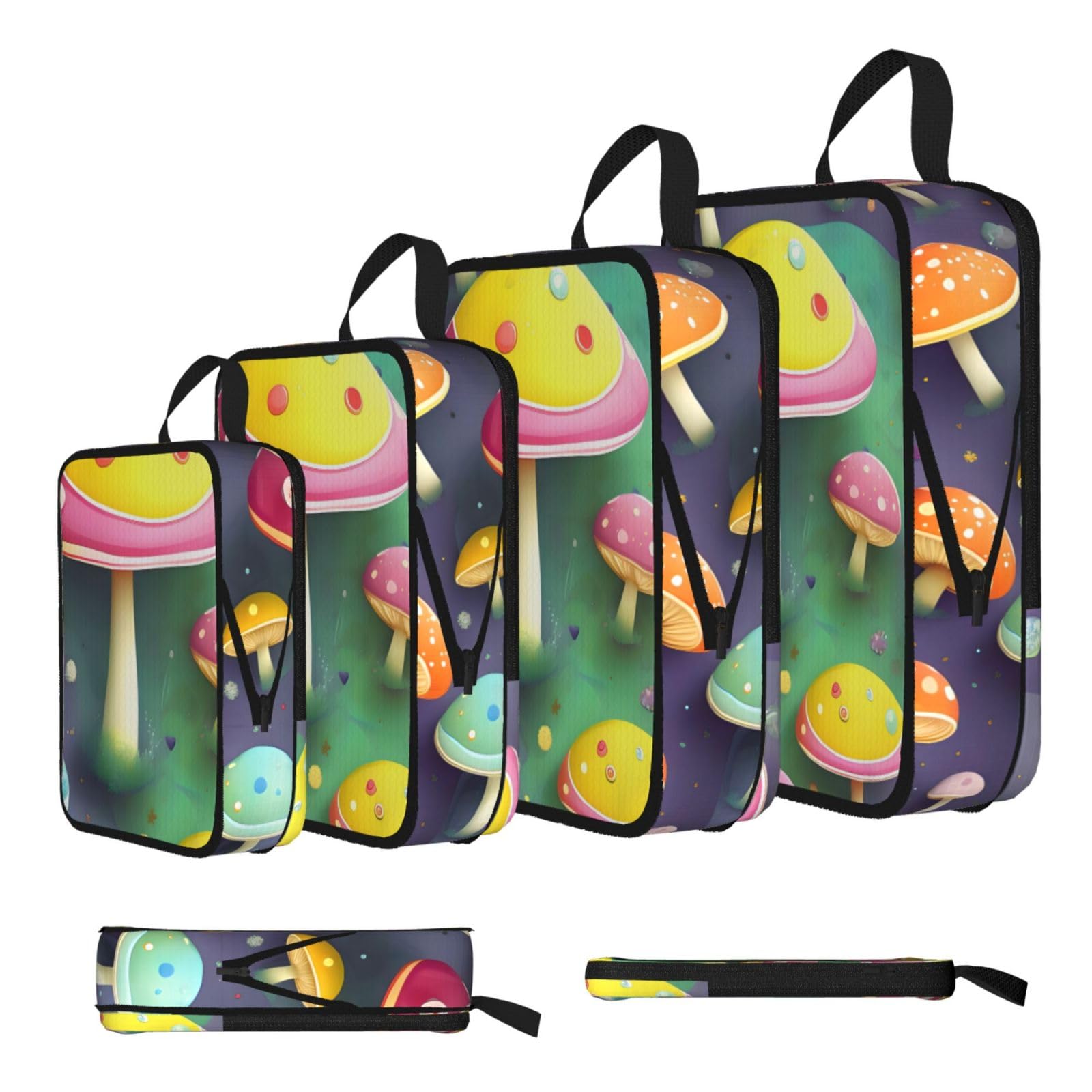 Sxzvvbn Black Colorful Dream Mushroom Compression Packing Cubes 4 Piece Set