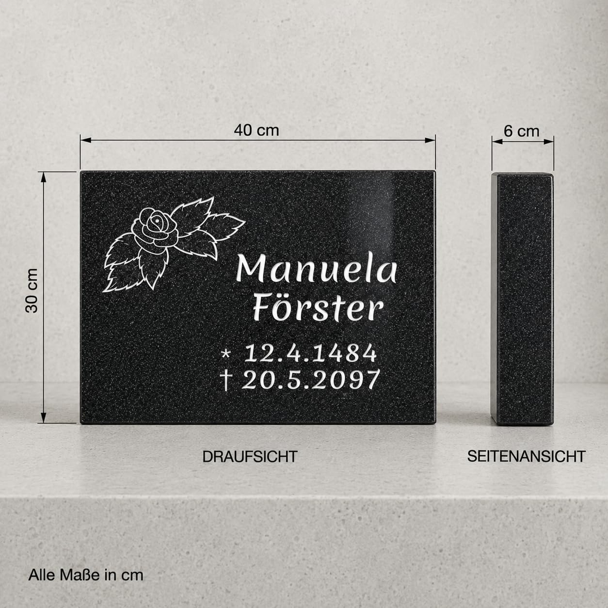 Generisch Grabmale24 Grabplatte aus Granit 30 x 20 x 6 cm Querformat, personalisierbare Urnengrab Liegeplatte mit Gravur, rechteckige Gedenkplatte für Rasengrab & Wiesengrab - Indian Black