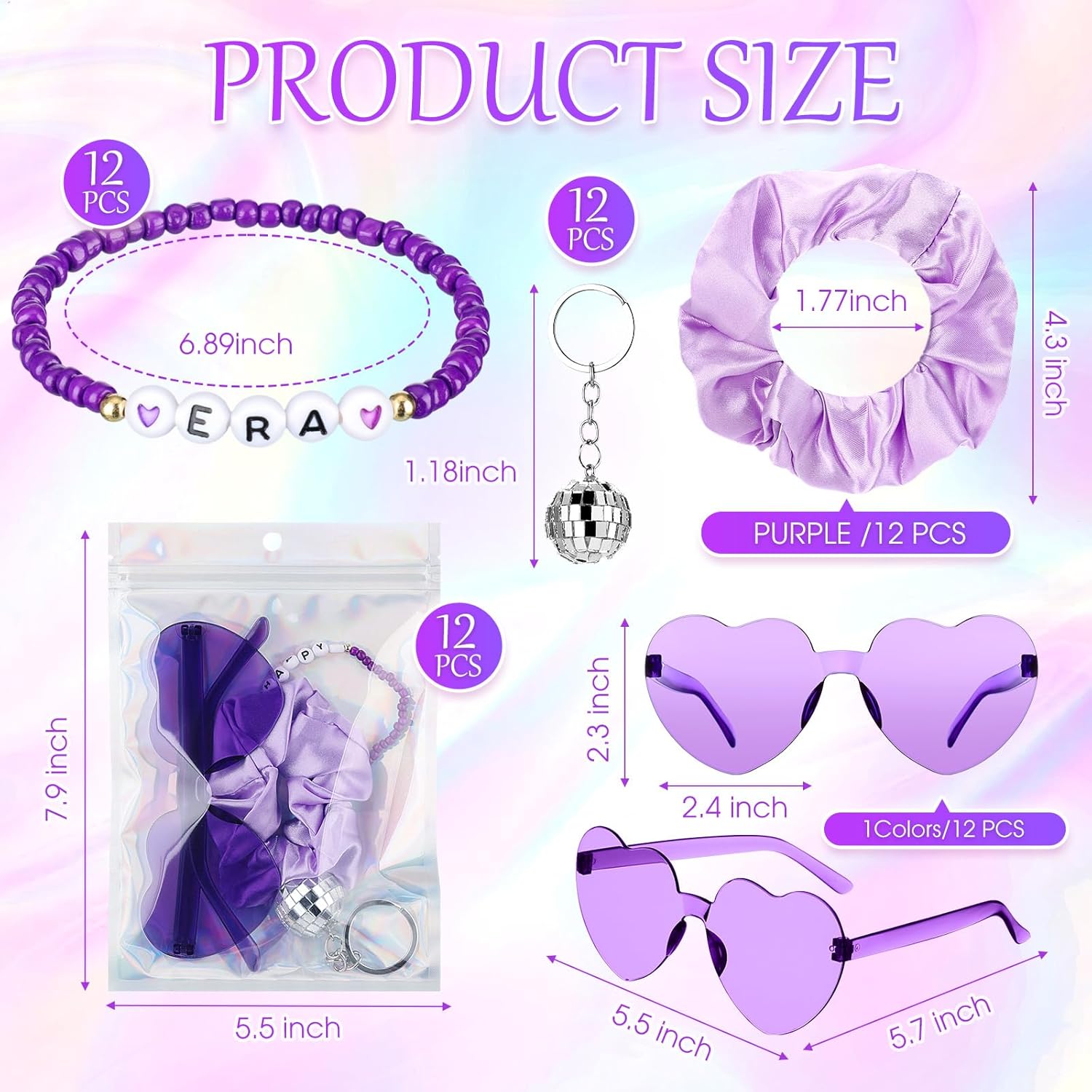 Geiserailie 60 Pcs Kpop Party Favors Popular Singer Supplies Friendship Bracelets Disco Keychain Sunglasses Holographic Scrunchie Set Bags 12 Set Friendship Gifts for Kpop Fans Women(Purple)