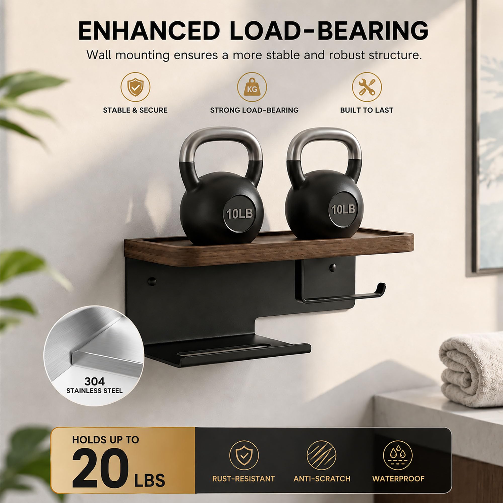 Toilet Paper Holder with Wide Walnut Shelf, Wall Mount Matte Black — Amazon image 6