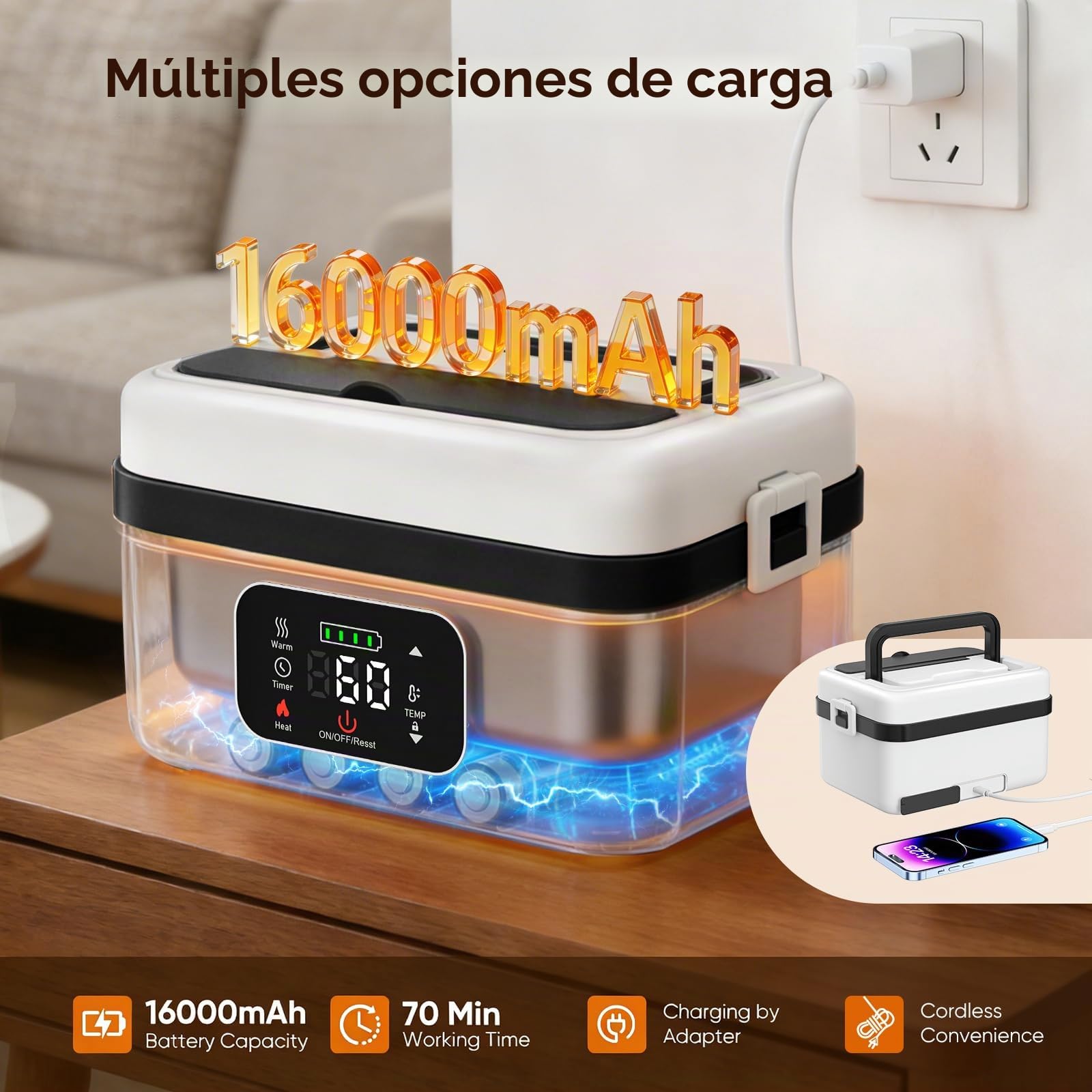 Fiambrera Electrica,Calentador de Comida Portatil 1L para Comida con Pantalla Táctil,Lonchera Termica con Vajilla de Acero Inoxidable y Bolsa Aislante para Coche(Blanco y negro)