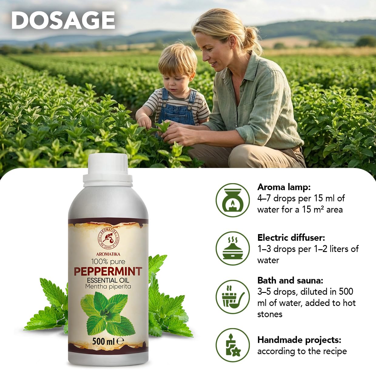 Olejek Eteryczny Mięty Pieprzowej - 500 ml - Mentha Piperita - Dyfuzory - Zapach - Aromaterapia - Nawaniania - Olejek Miętowy - Pielęgnacja ciała - Olejki Eteryczne - Sauna - Relaks - Kojący