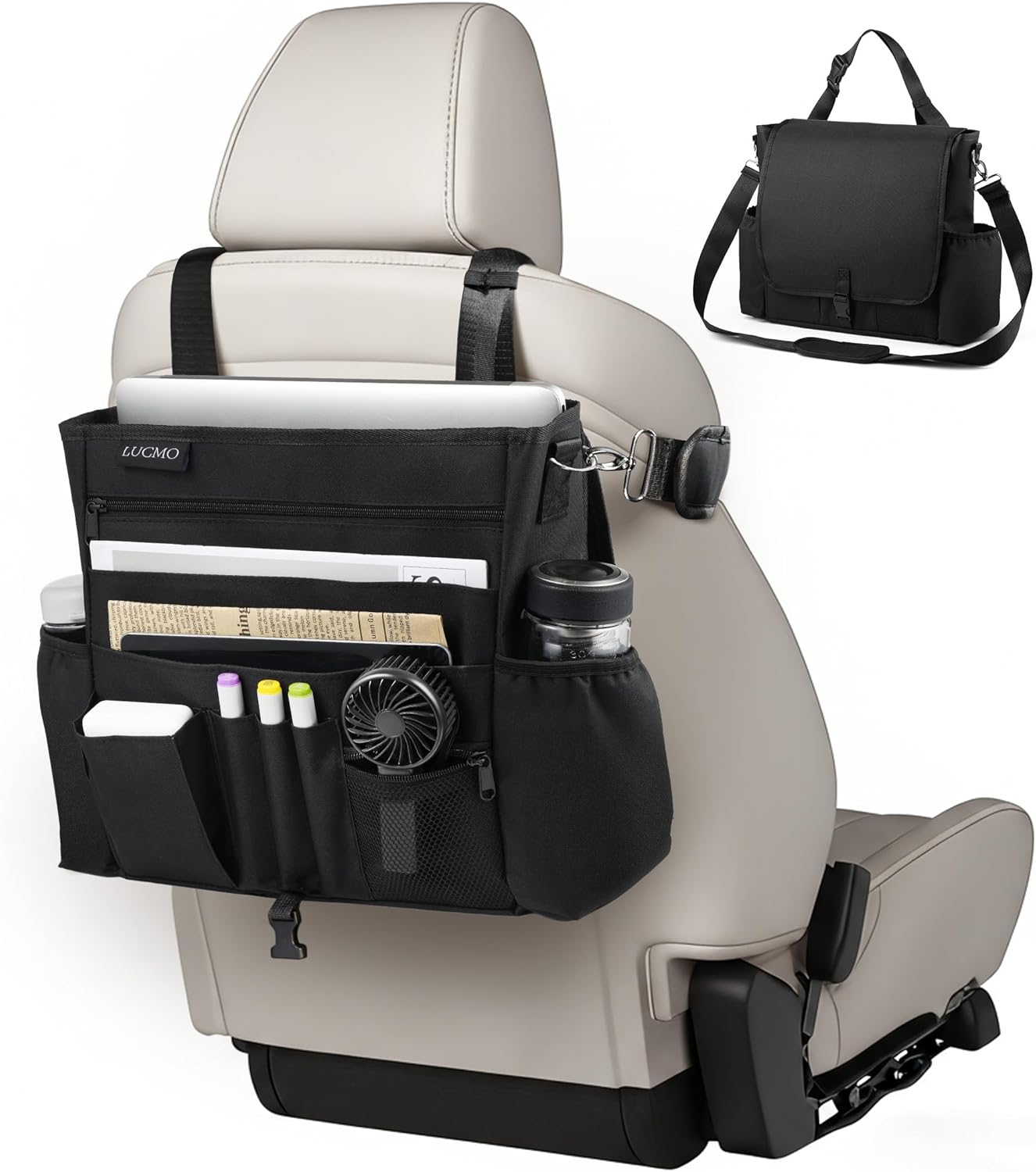 LUCMO Car Seat Organizer with Tablet and Laptop Compartment, Multiple Pockets Truck Front Seat and Backseat Organizer, Portable Large Capacity Office Bag with Adjustable Strap and Hardened Buckles
