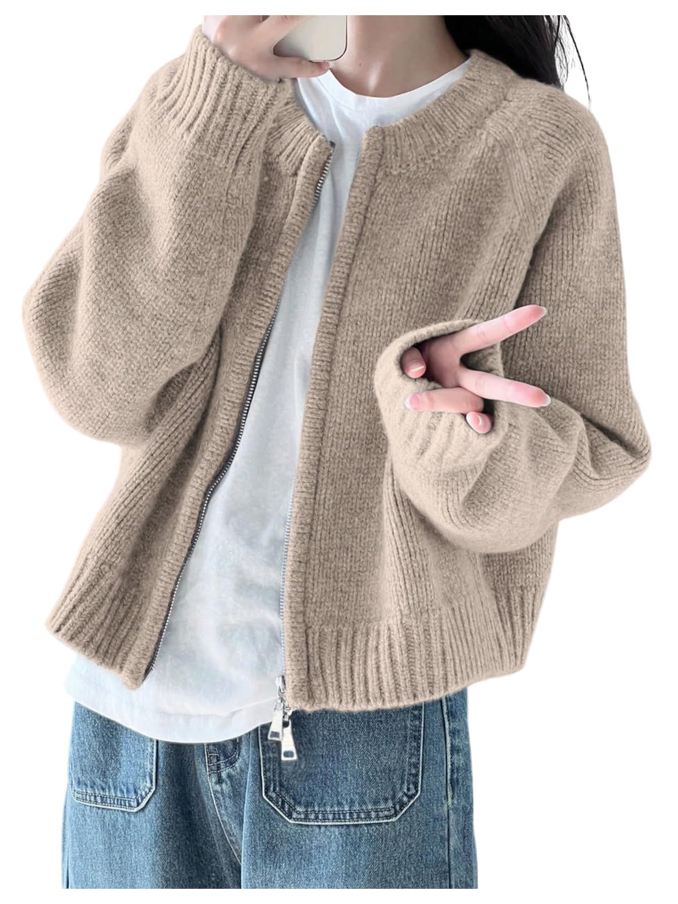 Floerns Womens Long Sleeve Cardigan Sweater Zip Up Crewneck Fall Outfit Winter Coat