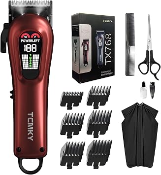 TCMKY Mens Professional - Cordless & Corded Barber Clipper for Hair Cutting & Grooming Rechargeable Hair Trimmer Kit for Home Red