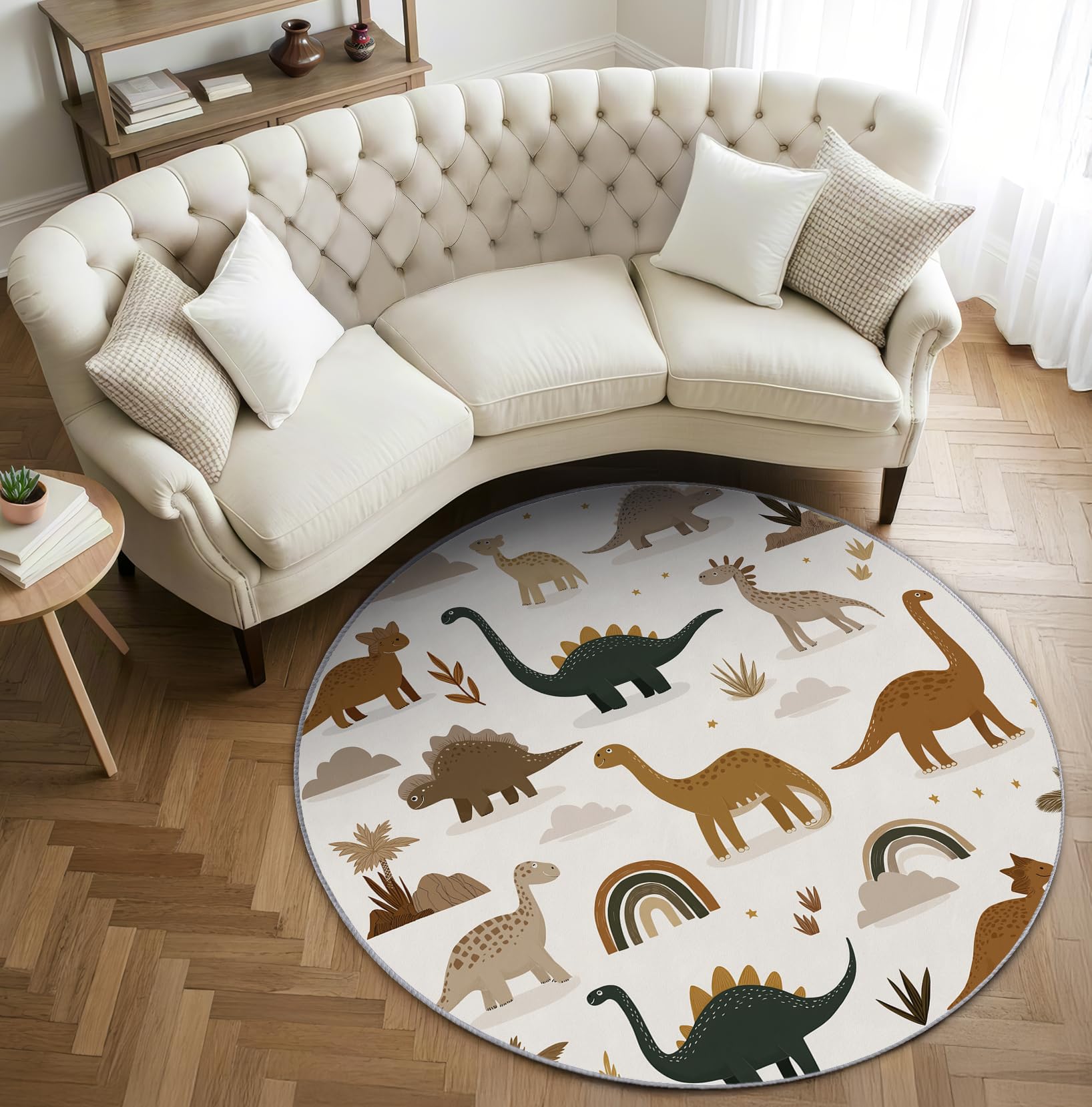 Dinosaurier Kinder Teppich Rund 120cm Kurzflor - Waschbare Teppiche Wohnzimmer Niedlich Cartoon Dino - Runder Teppich 120 Durchmesser Kinderzimmer - Bettvorleger Schlafzimmer rutschfest