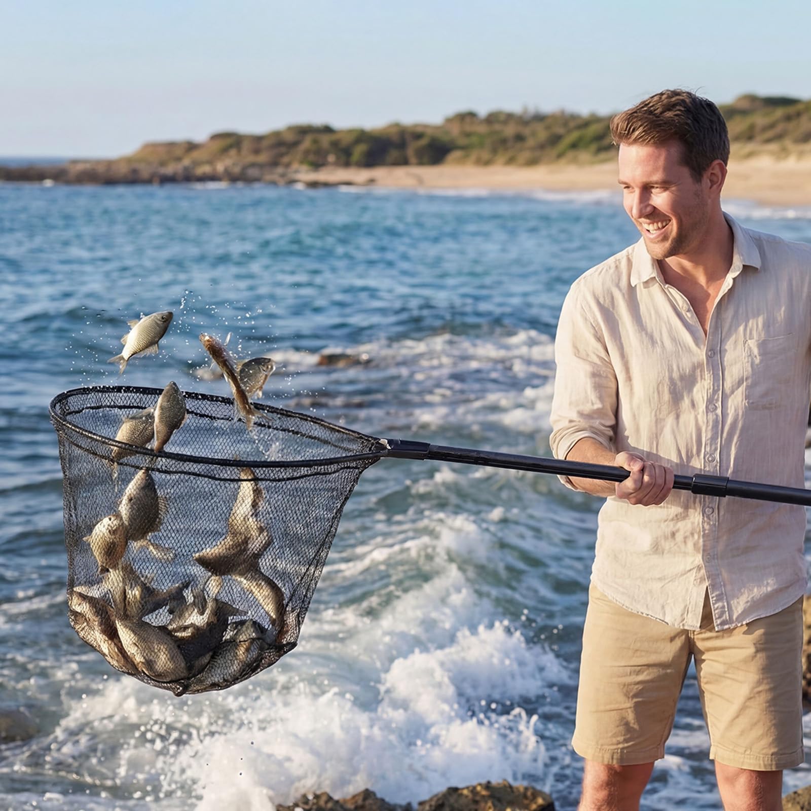 VEVOR Retino da Pesca con Asta Telescopica, Rete per Pescatori Lunghezza Asta 960 mm Antiscivolo, Fibro di Carbonio PVC Rivestito in Nylon, Retino da Pesca Carico max 10 kg da Stagni Lago Kayak Barche