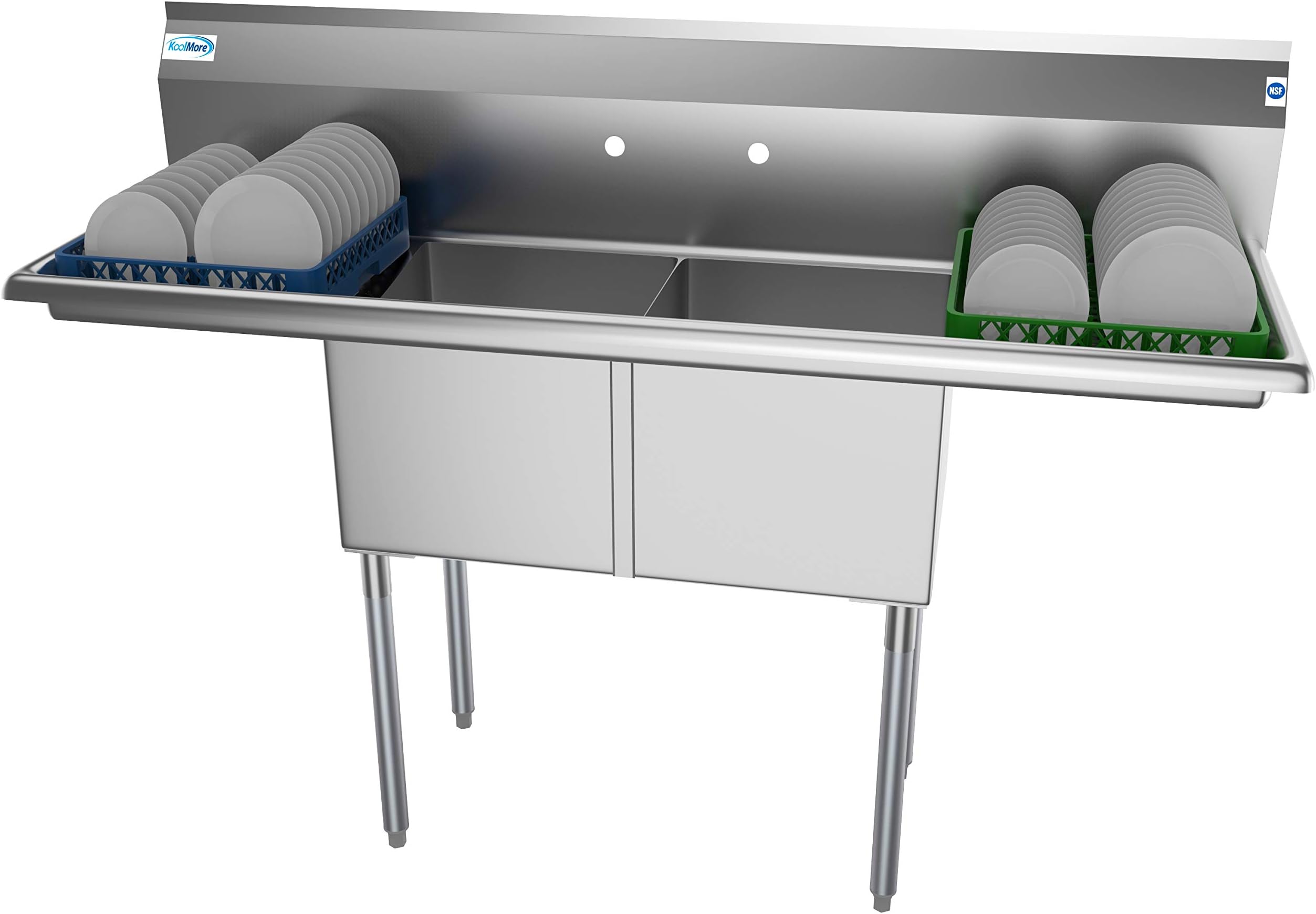 KoolMore 2 Compartment Stainless Steel NSF Commercial Kitchen Prep & Utility Sink with 2 Drainboards - Bowl Size 15" x 15" x 12", Silver,SB151512-15B3