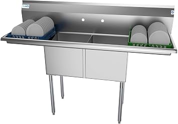 KoolMore 2 Compartment Stainless Steel NSF Commercial Kitchen Prep & Utility Sink with 2 Drainboards - Bowl Size 15" x 15" x 12", Silver,SB151512-15B3