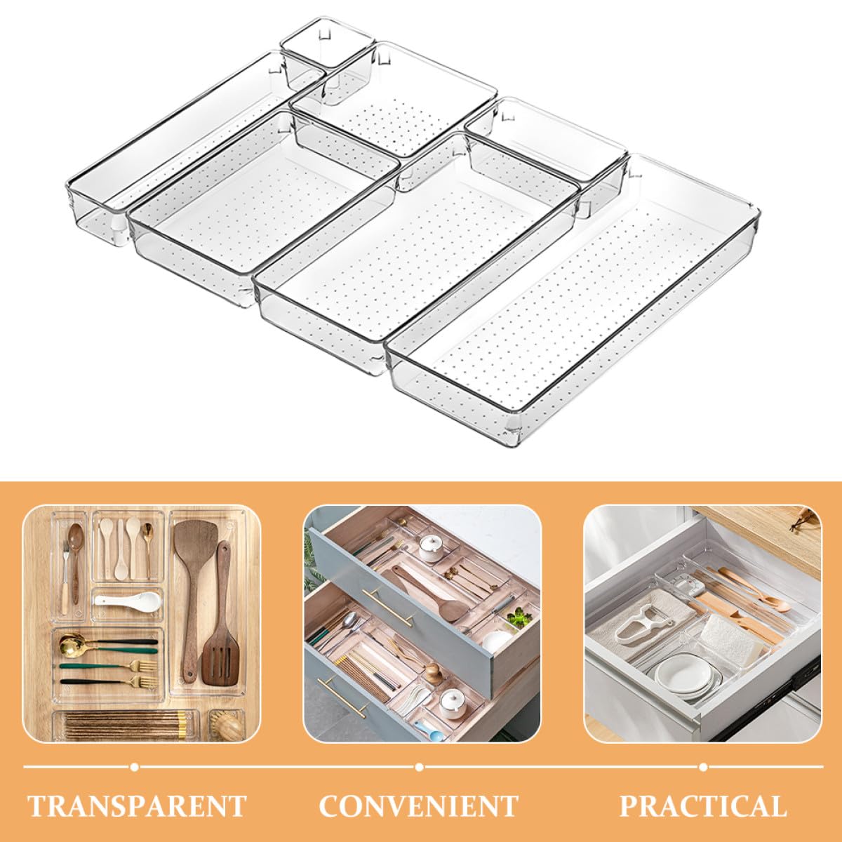 DOITOOL Organizador de Cajones Transparente 7 Piezas Pet Multi Tamaños para Oficina, Cocina y Tocador, Caja de Almacenamiento Versátil para Maquillaje y Papelería