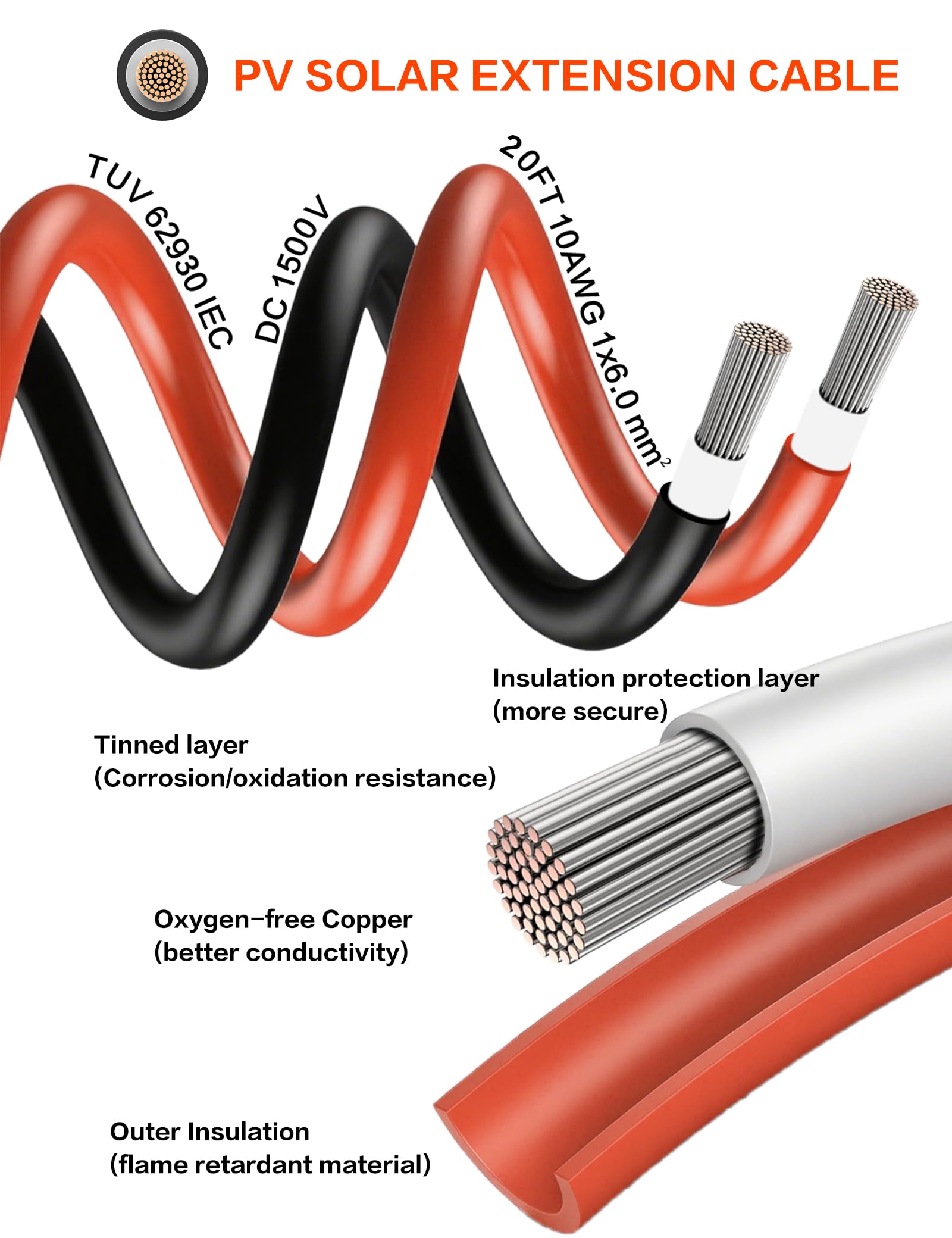 Cavo di prolunga solare da 6 m da 10 AWG con connettori femmina e maschio da 6 mm, fili resistenti alle intemperie per pannelli solari, camper, traghetti, camper, traghetti, nero e rosso, kit di