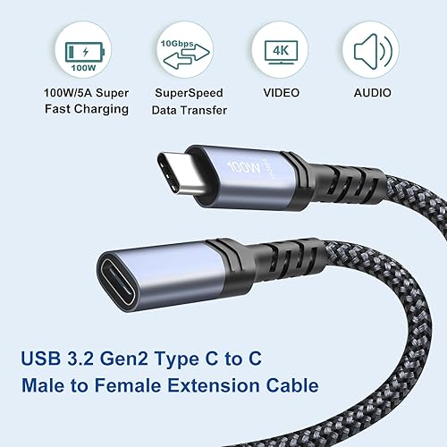 Miniatura 3 de OKRAY - Cable de extensión USB C, cable extensor USB-C macho a USB-C hembra, 100 W, carga rápida, 10 Gbps, transferencia tipo C, Thunderbolt 3,