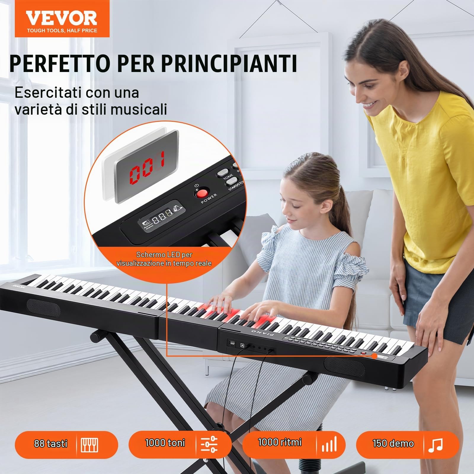 VEVOR Tastiera Pianoforte Digitale, 88 Tasti Semi-pesati, Set Tastiera Elettrica con Supporto Regolabile, Altoparlanti Incorporati, Pedale Sustain, Cuffie, Bluetooth MIDI USB, per Principianti
