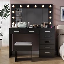 Makeup Vanity Desk with Mirror and Light,Vanity Mirror with Charging Station and 7 Drawers,Large Vanity Table with Glass Tabletop and Cushioned Stool for Bedroom,3 Color Modes