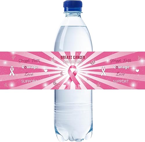 32 etiquetas rosas para botellas de agua de cáncer de mama, calcomanías para botellas de agua para sobrevivientes de cáncer, etiquetas de guerrero