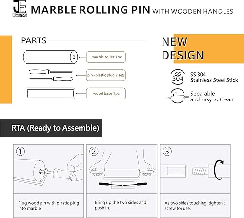 Miniatura 7 de JEmarble Asas de madera (blanco, calidad premium), superficie pulida de 18 pulgadas (barril de 10 pulgadas), piedra auténtica, antiadherente, ahorra