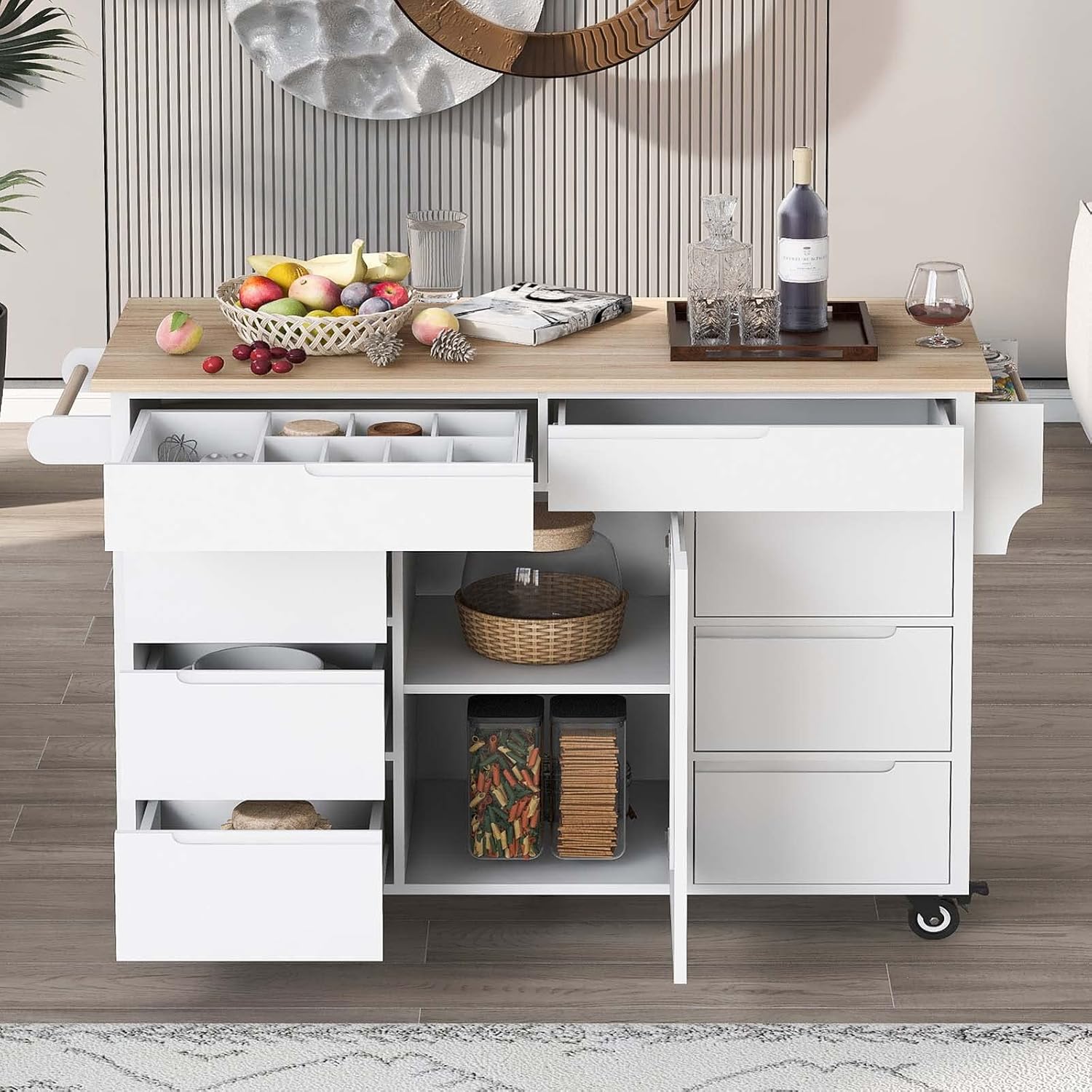 Gooamz Mobile Kitchen Storage Islands, 53 Inch Rolling Kitchen Island Cart with