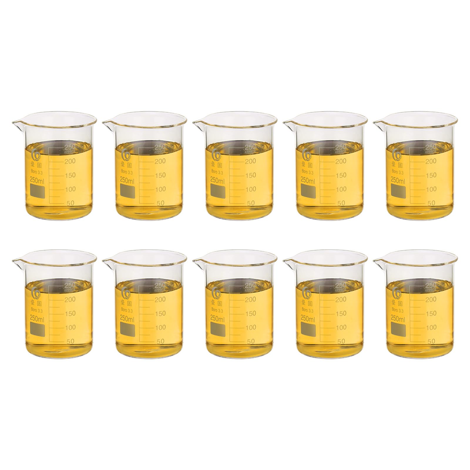 PATIKIL 250ml Vaso De Vidrio Bajo, 10Pcs 3.3 Vasos De Vidrio Borosilicato Taza De Medición Graduada Con Pico Para Experimento De Laboratorio, Cocina Y Repostería, Transparente