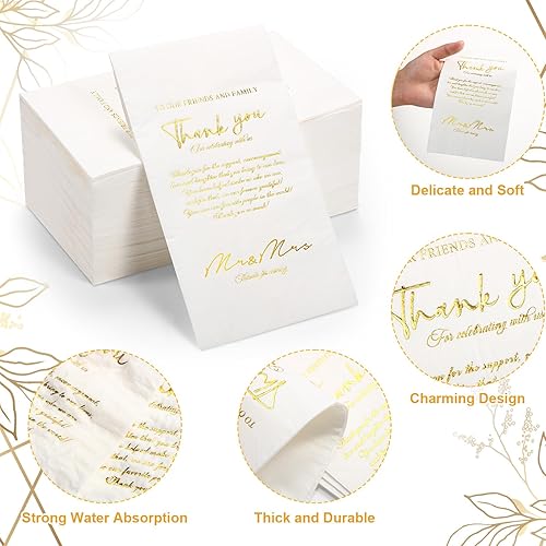 Miniatura 3 de Yeaqee Paquete de 100 servilletas de boda, 3 capas de Mr & Mrs con patrón de rosas para recepción, toallas decorativas desechables para decoración