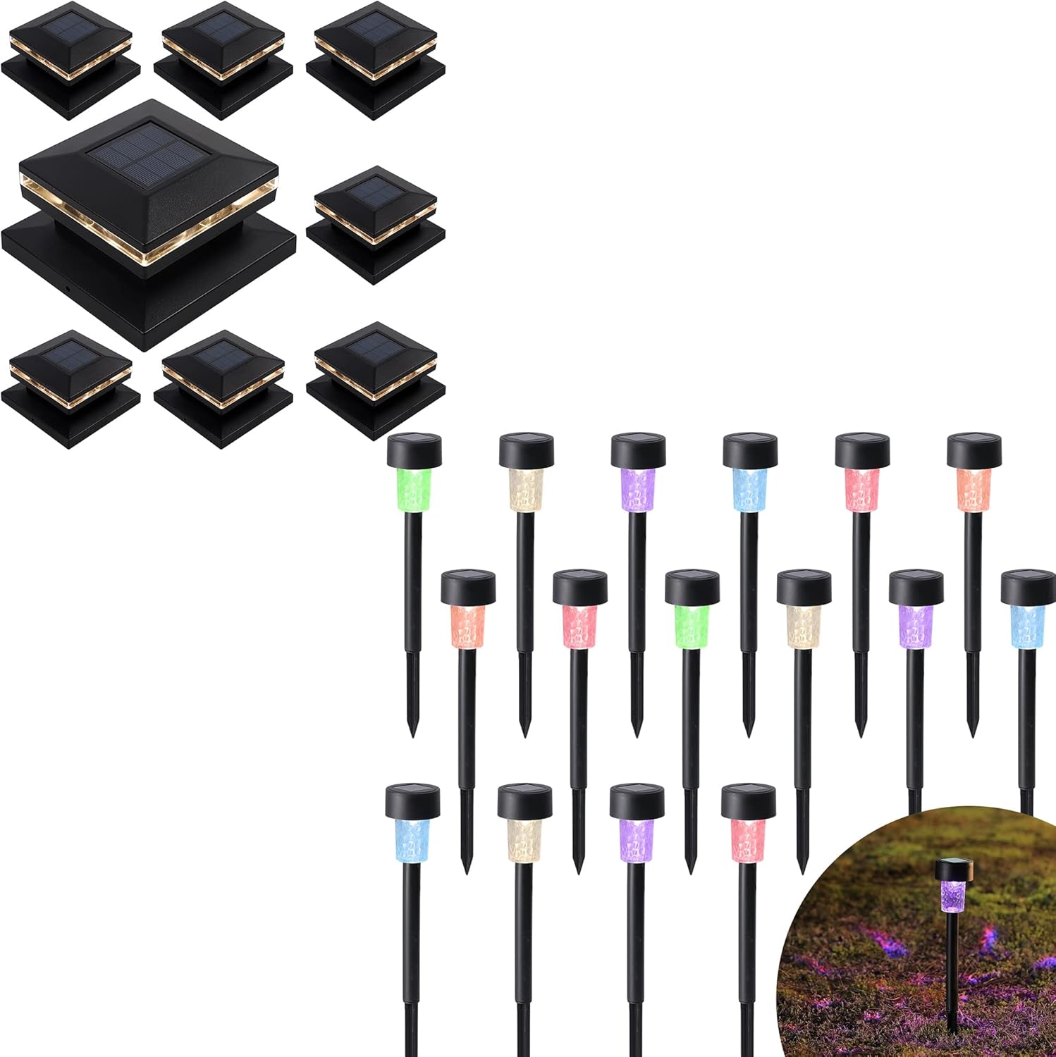 Dynaming 8 Pack Solar Post Lights & 16 Pack Solar Pathway Lights, RGB