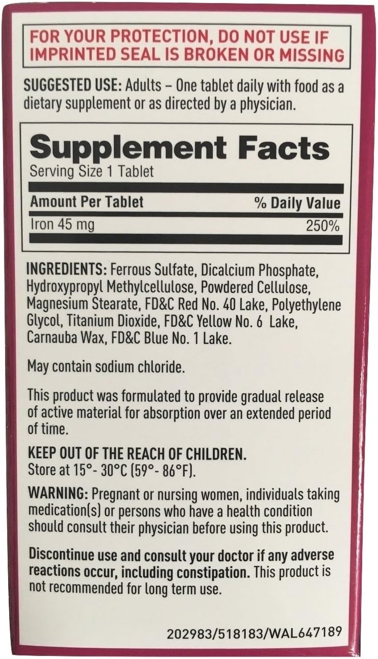 Walgreens Iron Slow Release High Potency Ferrous Sulfate 45mg, Tablets, 120 ea